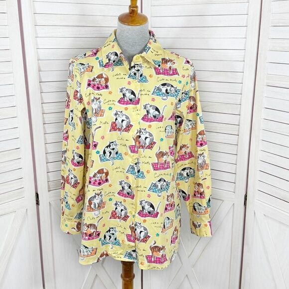 Chatterprintz Cats on Mats Button Up Shirt Yellow Small Long Sleeve - Picture 1 of 11